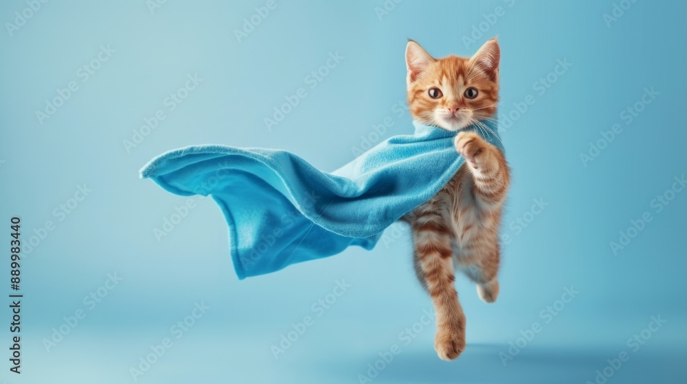 Obraz premium Superhero cat concept, Cute orange tabby kitty with a blue cloak and mask jumping and flying on light blue background with copy space. The concept of a superhero, super cat, leader.