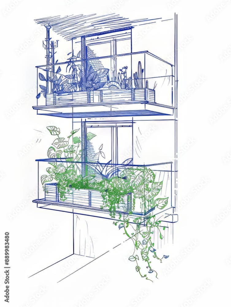 Lush green plants growing on a modern building balcony and windowsill Lush green plants growing on a modern building balcony and windowsill