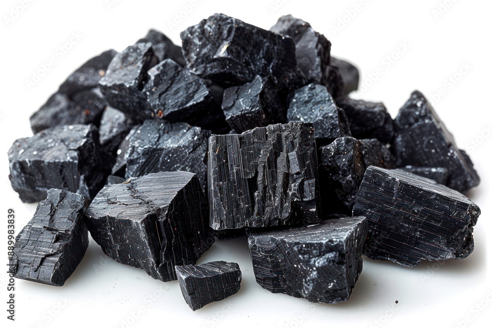 Black Tourmaline Crystals On White Background Black Tourmaline Crystals On White Background