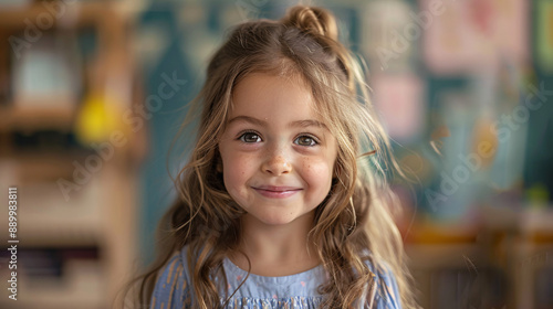 A joyful little girl pupil on her first day of school, smiling and ready to start her educational journey.