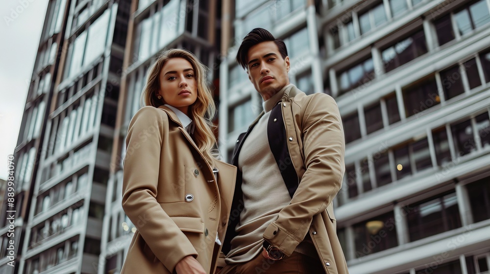 A stylish couple posing in coordinated outfits, with an urban cityscape as the backdrop A stylish couple posing in coordinated outfits, with an urban cityscape as the backdrop