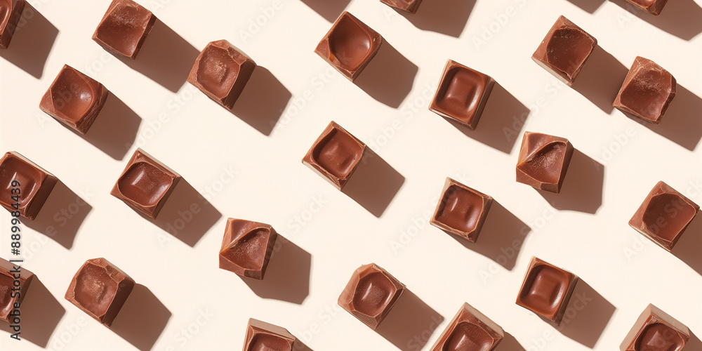 A background of chocolate fondue, each with its shadow, scattered across the canvas in an elegant display, with soft shadows on a white background A background of chocolate fondue, each with its shadow, scattered across the canvas in an elegant display, with soft shadows on a white background