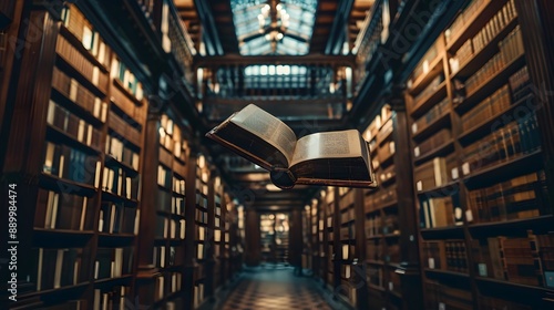 Wallpaper Mural Floating Book in a Library: An ancient, leather-bound book floating in mid-air amidst rows of tall bookshelves in a dimly lit library.
 Torontodigital.ca