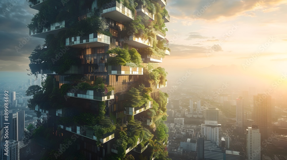 Obraz premium Futuristic Skyscraper with Transparent Solar Panels and Hanging Gardens in Urban Cityscape
