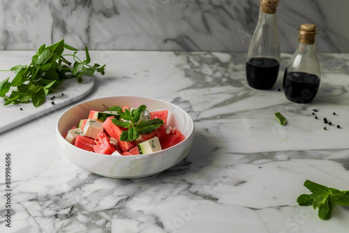 Aesthetic arrangement of watermelon cubes, feta cheese, mint leaves, balsamic glaze, and black pepper on a clean background with minimal soft pastel tones, highlighting freshness and simplicity.
