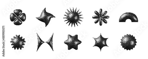 Pixelated 3d Y2K shape set. Bitmap stars, flowers, sparkles, arch element collection. Retro 8 bit sticker form bundle for poster, banner, collage, graphic design. Vector dither geometric object pack
