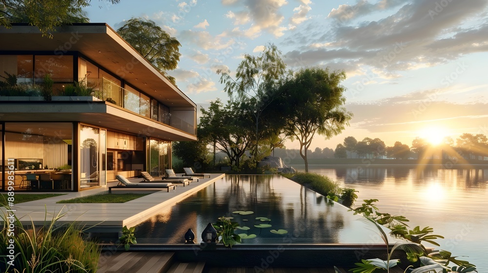Obraz premium Luxurious Eco-Friendly Lakeside Contemporary Home with Stunning Sunset Reflection