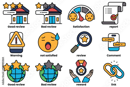 Set of icons in line style in the concept About the business and reviews