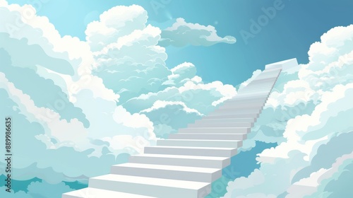 Illustration set of plain white stairs leading up into a cloudy sky.