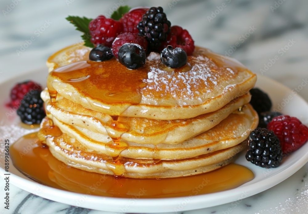 A stack of fluffy pancakes drizzled with maple syrup and topped with fresh berries A stack of fluffy pancakes drizzled with maple syrup and topped with fresh berries