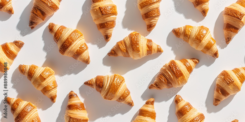 A background of croissants, each with its shadow, scattered across the canvas in an elegant display, with soft shadows on a white background A background of croissants, each with its shadow, scattered across the canvas in an elegant display, with soft shadows on a white background