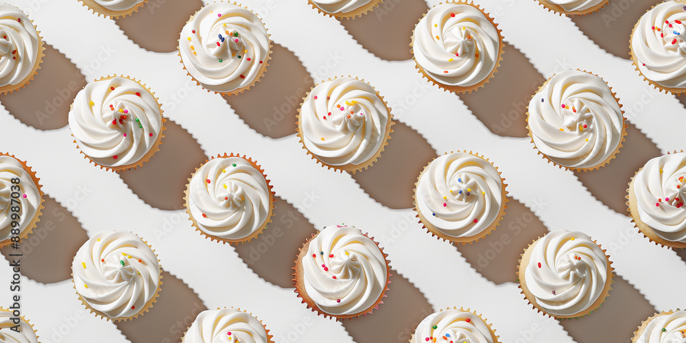 A background of cupcakes, each with its shadow, scattered across the canvas in an elegant display, with soft shadows on a white background A background of cupcakes, each with its shadow, scattered across the canvas in an elegant display, with soft shadows on a white background