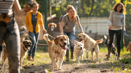 A team of people helping out at an animal shelter, walking dogs and caring for the animals photo