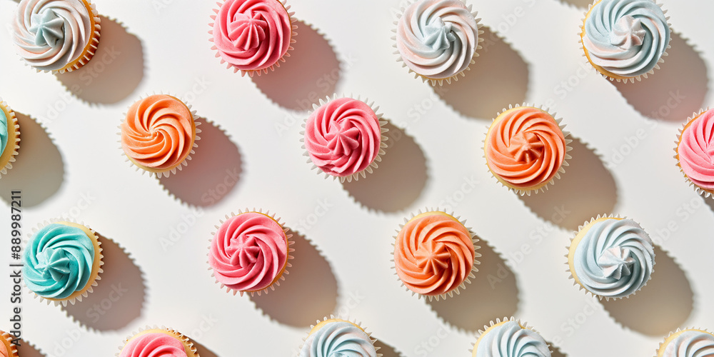 A background of cupcakes, each with its shadow, scattered across the canvas in an elegant display, with soft shadows on a white background A background of cupcakes, each with its shadow, scattered across the canvas in an elegant display, with soft shadows on a white background