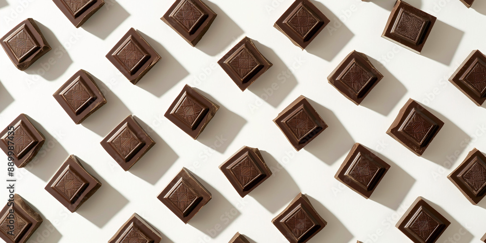 A background of dark chocolate squares, each with its shadow, scattered across the canvas in an elegant display, with soft shadows on a white background