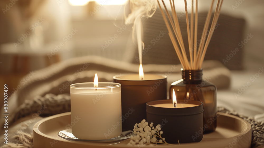 Relaxing Aromatherapy Setup with Candles and Diffuser in Cozy Room.. Relaxing Aromatherapy Setup with Candles and Diffuser in Cozy Room..