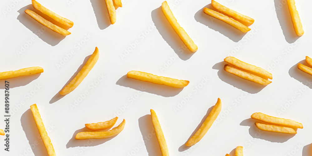 A background of French fries, each with its shadow, scattered across the canvas in an elegant display, with soft shadows on a white background A background of French fries, each with its shadow, scattered across the canvas in an elegant display, with soft shadows on a white background