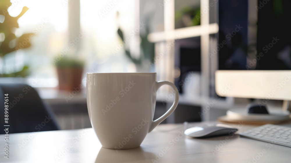Coffee Cup on Office Table Next to Computer Screen Display Coffee Cup on Office Table Next to Computer Screen Display