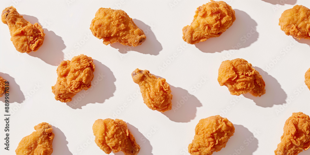 A background of fried chicken, each with its shadow, scattered across the canvas in an elegant display, with soft shadows on a white background A background of fried chicken, each with its shadow, scattered across the canvas in an elegant display, with soft shadows on a white background