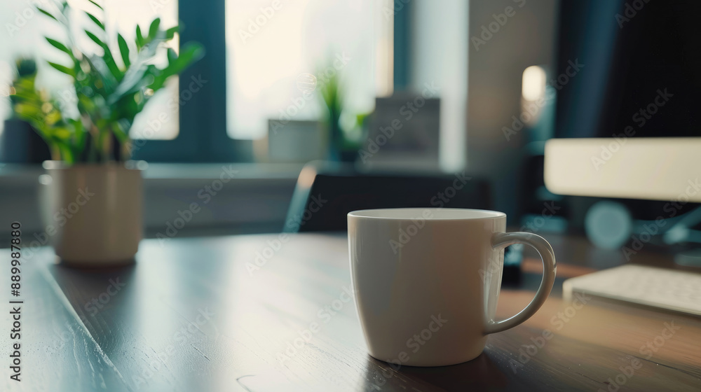 Coffee Cup on Office Table Next to Computer Screen Display Coffee Cup on Office Table Next to Computer Screen Display