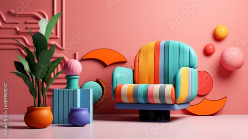 Interior concept of memphis design colorful, Armchair with console and prop. 3d render, Generative AI.