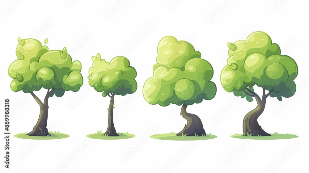 Illustrated Cartoon Trees with Green Foliage in Different Shapes and ...