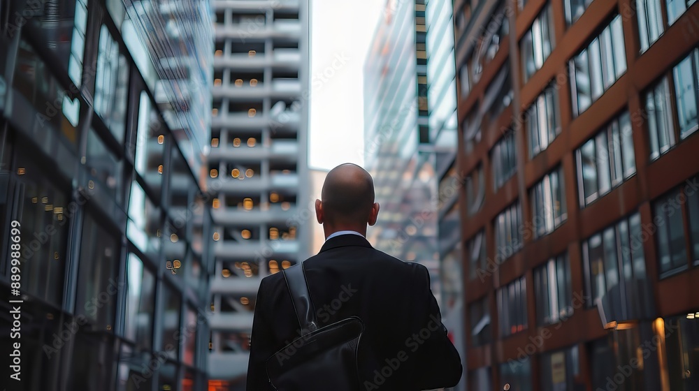 Thoughtful businessman looking at cityscape pondering next move Thoughtful businessman looking at cityscape pondering next move