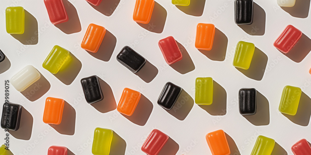 A background of licorice, each with its shadow, scattered across the canvas in an elegant display, with soft shadows on a white background A background of licorice, each with its shadow, scattered across the canvas in an elegant display, with soft shadows on a white background