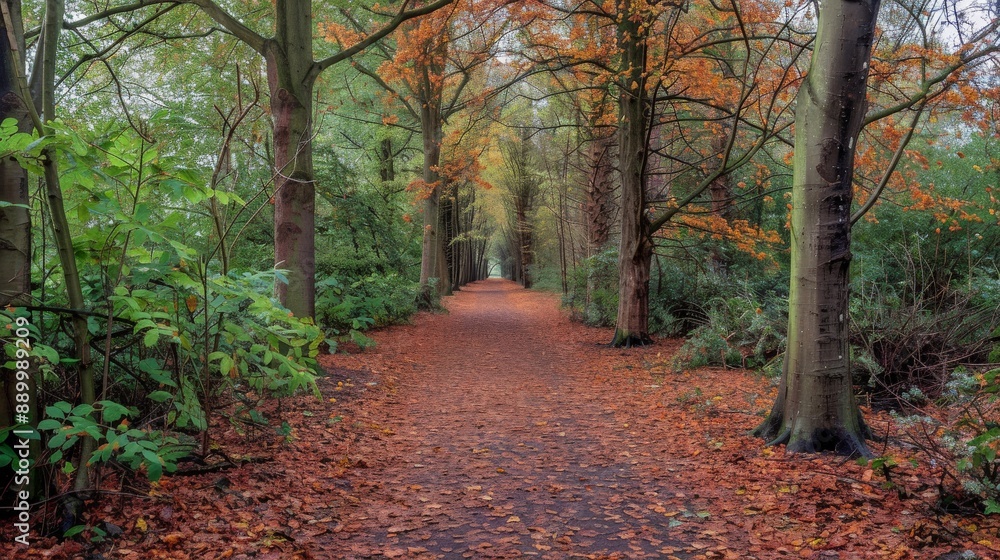 A tranquil forest path covered in fallen leaves, inviting a peaceful walk under the canopy of tall trees A tranquil forest path covered in fallen leaves, inviting a peaceful walk under the canopy of tall trees