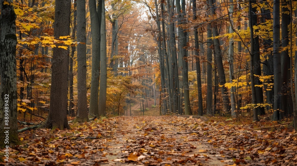 Fototapeta premium A tranquil forest path covered in fallen leaves, inviting a peaceful walk under the canopy of tall trees