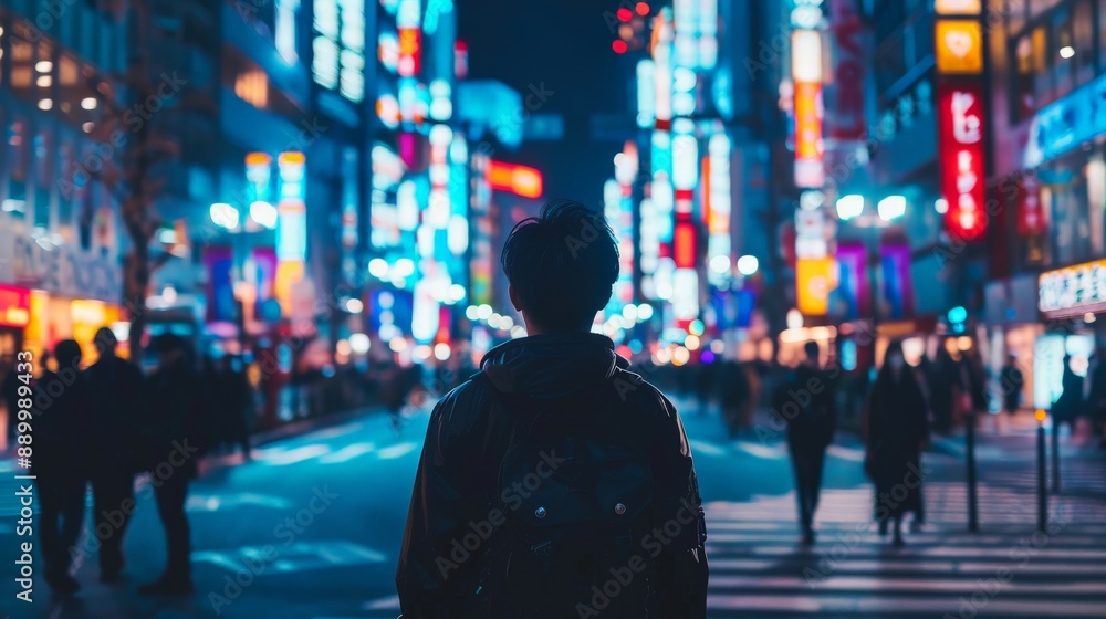 Obraz premium A traveler exploring the bustling streets of Tokyo at night, with neon lights and busy crosswalks