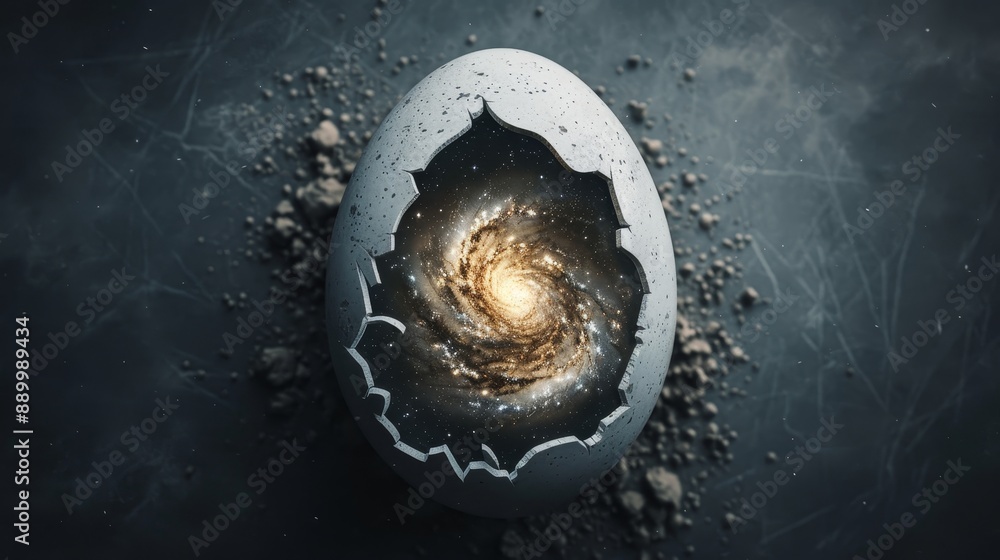 Cracked atomic egg displaying an inner galaxy, featuring spiral galaxies and cosmic dust, richly textured with contrasting light and dark areas Cracked atomic egg displaying an inner galaxy, featuring spiral galaxies and cosmic dust, richly textured with contrasting light and dark areas