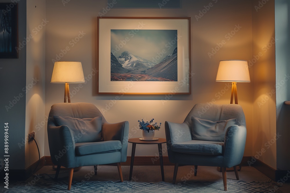 Harmonious blend of comfort and style, featuring two arm chairs in a modern living room setting a prominent framed poster on a white wall. Harmonious blend of comfort and style, featuring two arm chairs in a modern living room setting a prominent framed poster on a white wall.