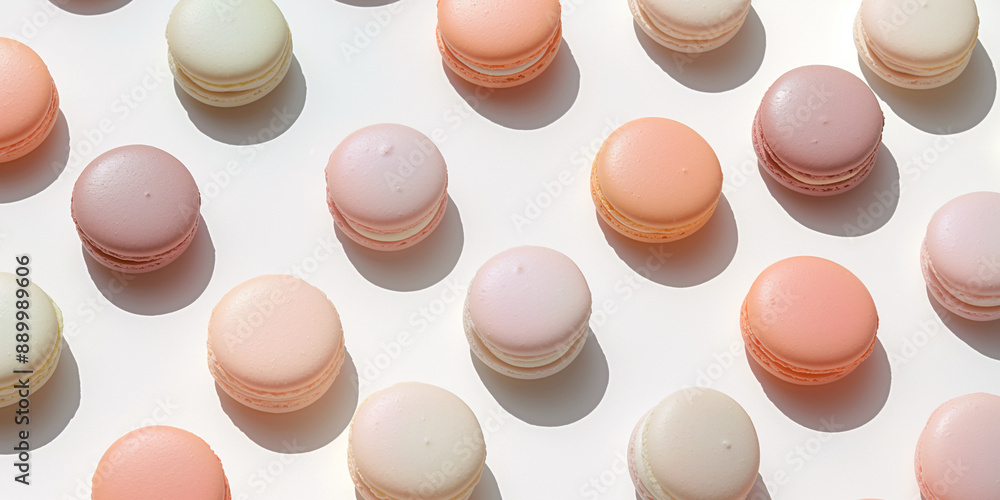 A background of macarons, each with its shadow, scattered across the canvas in an elegant display, with soft shadows on a white background