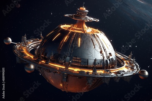 Fototapeta Naklejka Na Ścianę i Meble -  Futuristic space station orbiting in the vast solar system