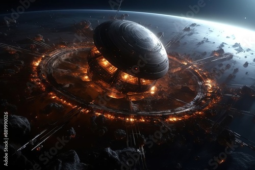 Fototapeta Naklejka Na Ścianę i Meble -  Futuristic space station orbiting in a distant solar system