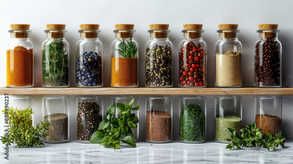A neatly arranged collection of fresh herbs, spices, and vegetables with glass jars in the background. Perfect for culinary, kitchen, and healthy lifestyle themes. A neatly arranged collection of fresh herbs, spices, and vegetables with glass jars in the background. Perfect for culinary, kitchen, and healthy lifestyle themes.
