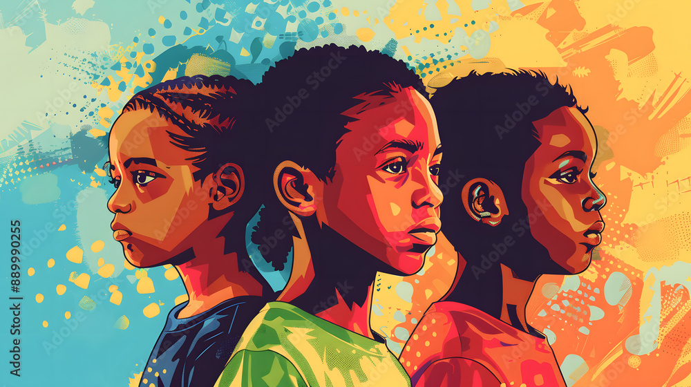 Dramatic Illustration of African American children with colorful background elements. Dramatic Illustration of African American children with colorful background elements.
