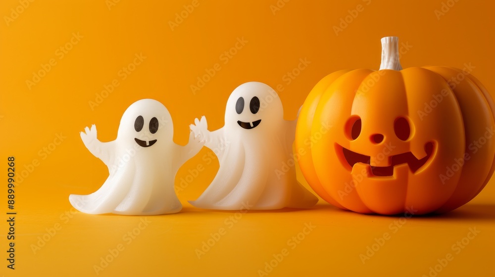 Halloween ghosts with funny pumpkin on orange background. Happy halloween holiday concept. Halloween Day and Pumpkin Day Halloween ghosts with funny pumpkin on orange background. Happy halloween holiday concept. Halloween Day and Pumpkin Day