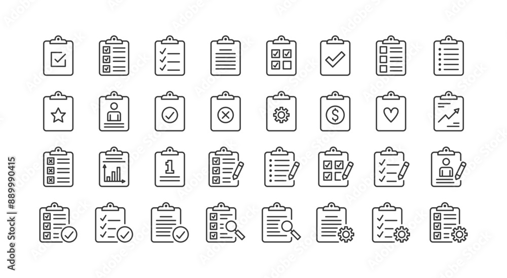 Collection of thin line icons with clipboard - check list, report, survey, questionnaire. Pixel perfect, editable stroke, vector eps10 illustration Collection of thin line icons with clipboard - check list, report, survey, questionnaire. Pixel perfect, editable stroke, vector eps10 illustration