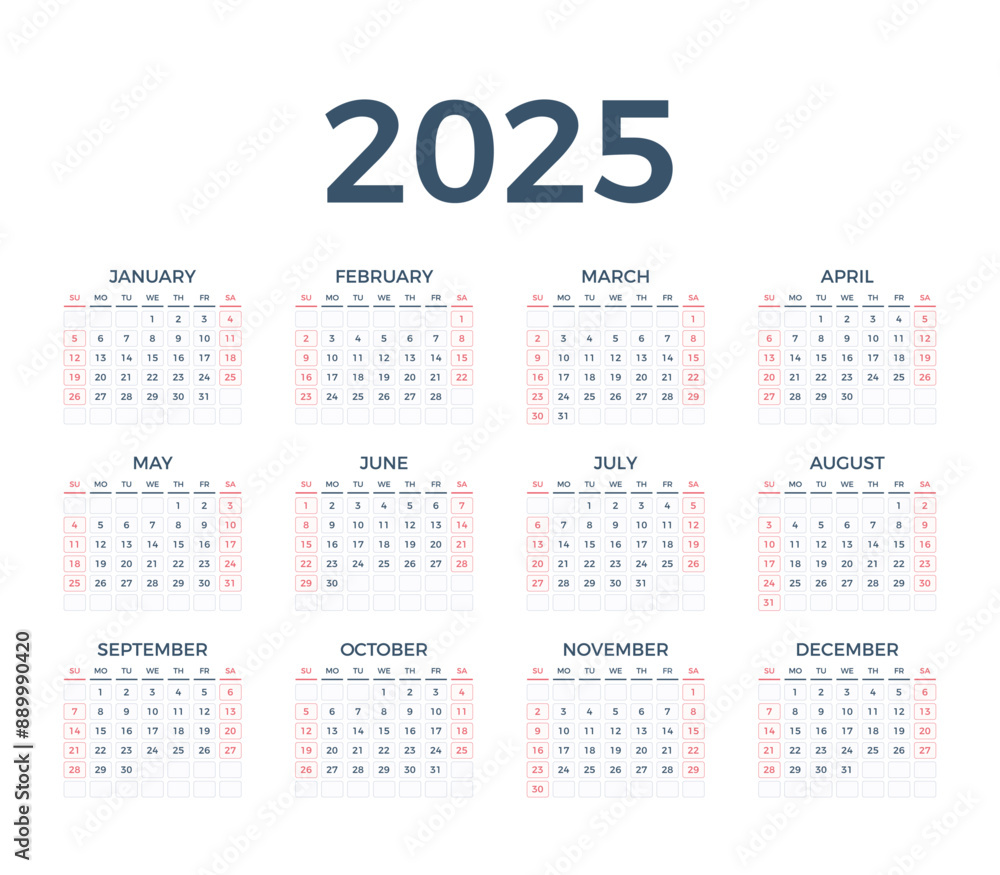 2025 calendar, week starts on Sunday, vector eps10 illustration 2025 calendar, week starts on Sunday, vector eps10 illustration