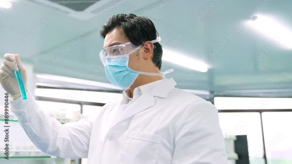 Chemist professional laboratory technician in a white lab coat doing something with a glass doing medical research test tube experiments Chemist professional laboratory technician in a white lab coat doing something with a glass doing medical research test tube experiments