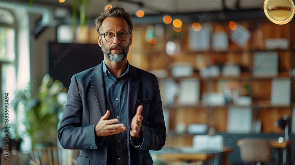 businessman giving a presentation in a modern office, clean and engaging, businessman giving a presentation in a modern office, clean and engaging,