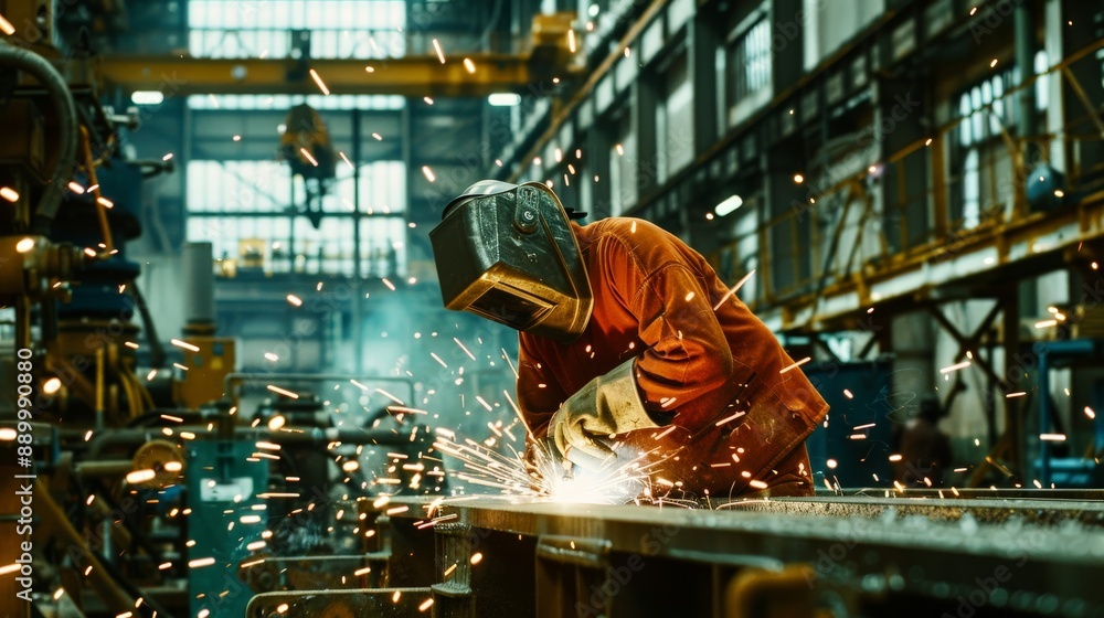 A welder in a factory, sparks flying as they work on a metal structure, surrounded by industrial equipment A welder in a factory, sparks flying as they work on a metal structure, surrounded by industrial equipment