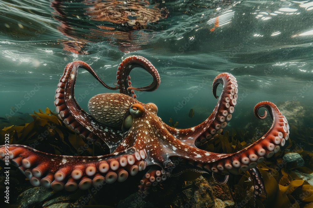 Octopus gracefully swimming amidst diverse marine life in the vibrant underwater world Octopus gracefully swimming amidst diverse marine life in the vibrant underwater world