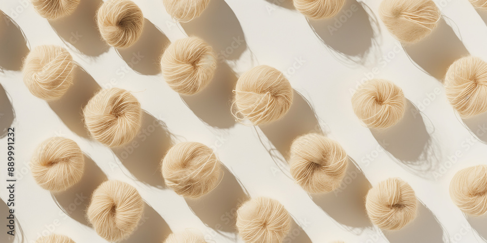 A background of mohair yarn, each with its shadow, scattered across the canvas in an elegant display, with soft shadows on a white background A background of mohair yarn, each with its shadow, scattered across the canvas in an elegant display, with soft shadows on a white background
