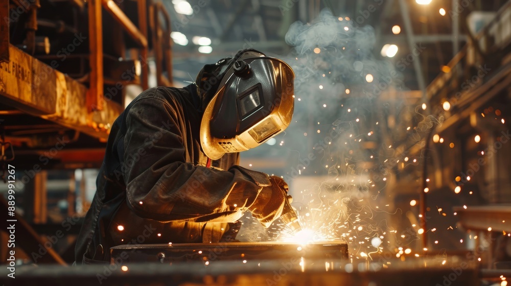 A welder in a factory, sparks flying as they work on a metal structure, surrounded by industrial equipment A welder in a factory, sparks flying as they work on a metal structure, surrounded by industrial equipment