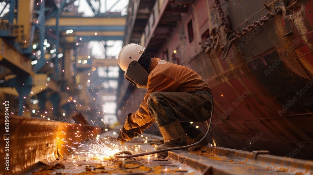 A welder working on a ship in a shipyard, sparks flying and massive structures in the background A welder working on a ship in a shipyard, sparks flying and massive structures in the background