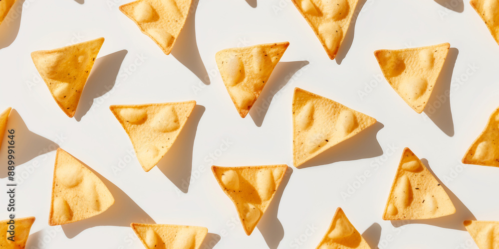 A background of nachos, each with its shadow, scattered across the canvas in an elegant display, with soft shadows on a white background A background of nachos, each with its shadow, scattered across the canvas in an elegant display, with soft shadows on a white background