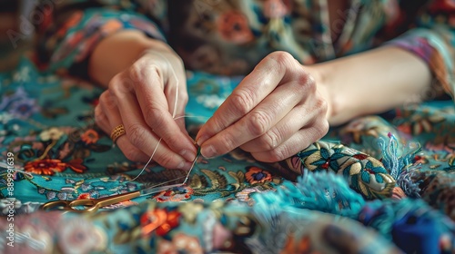 Threading a Needle: Close-up of hands threading a needle, with a sewing kit and fabric pieces on the table.
